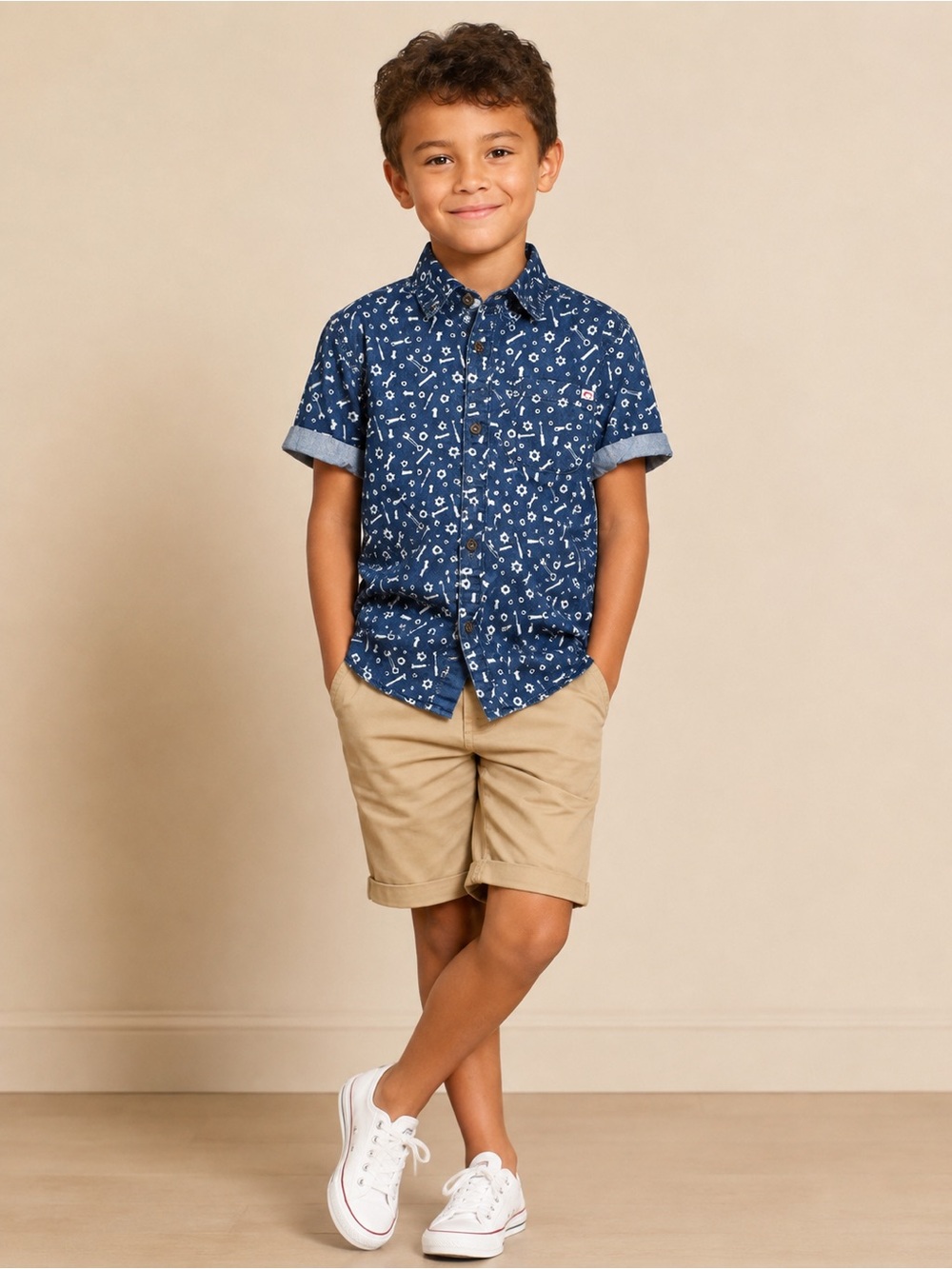 Appaman Boys 8 Navy Printed Short-Sleeve Button-Down Shirt
